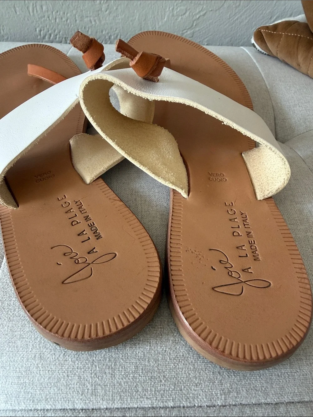 Joie a la Plage White and Tan Women's Leather Thong Sandal